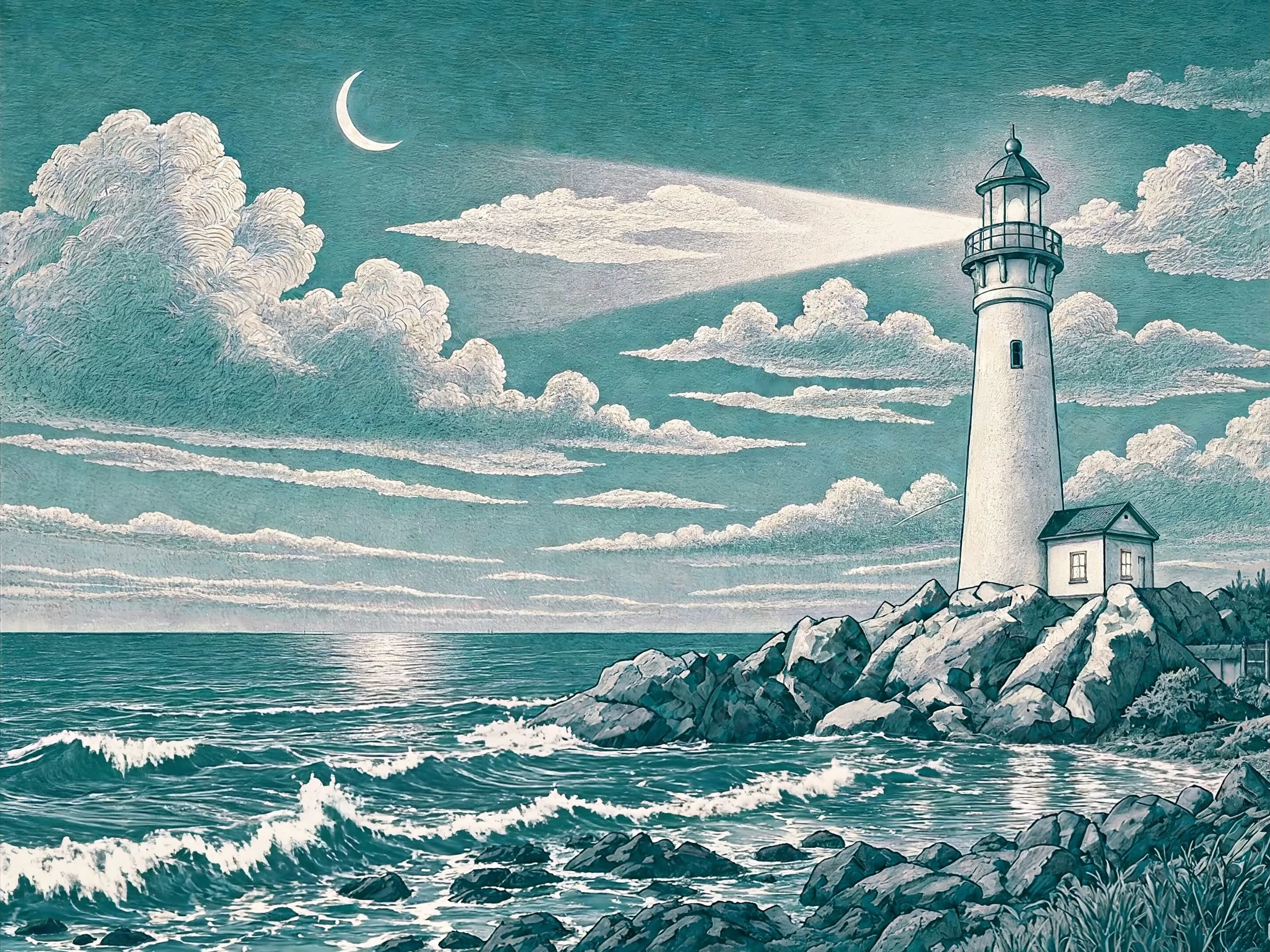 Shor lighthouse overlooking the sea at night